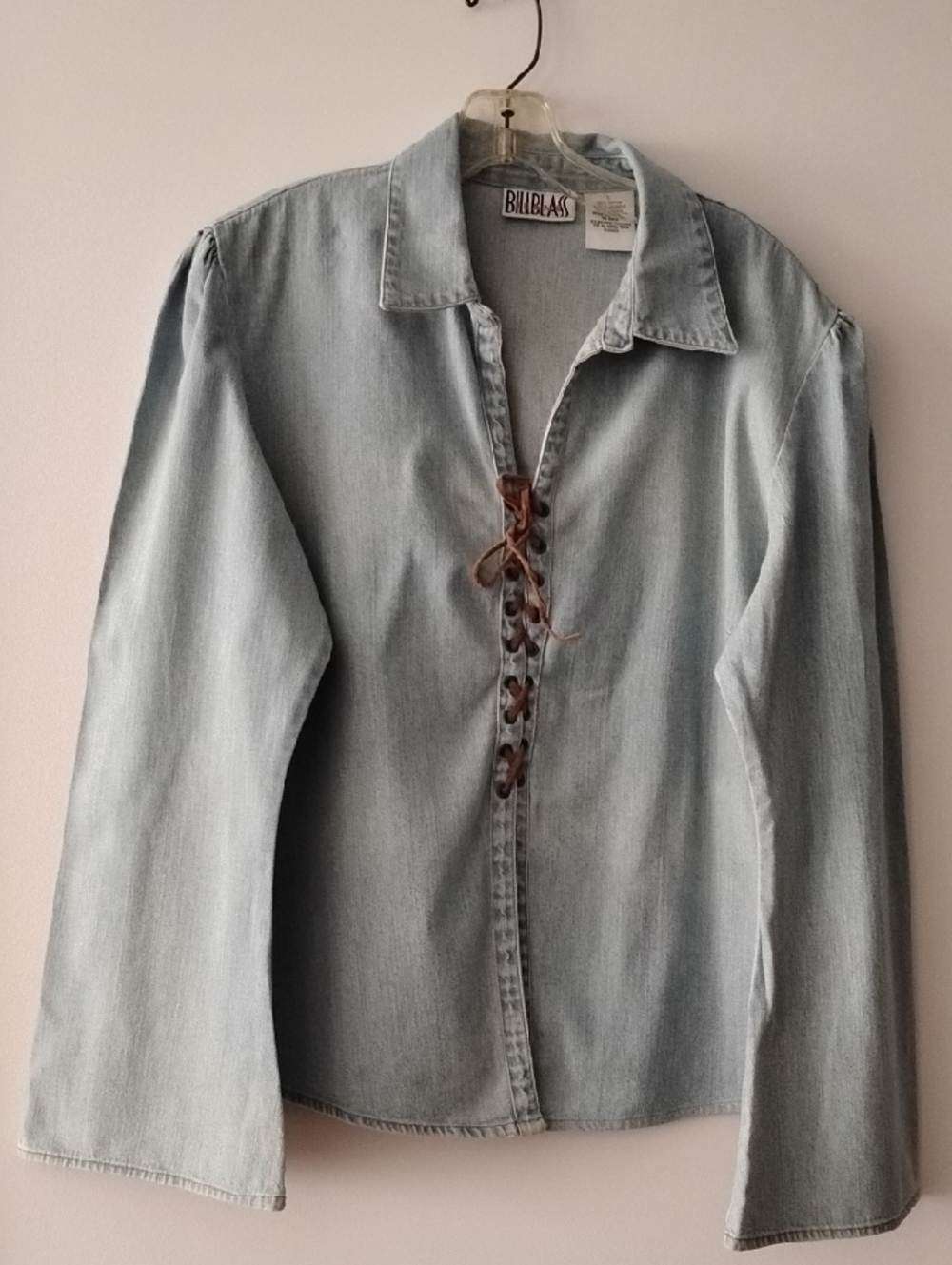 bill blass Light Blue Denim Long Sleeve Lace-Front Top